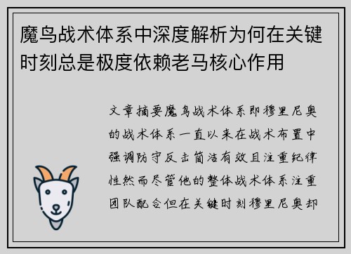 魔鸟战术体系中深度解析为何在关键时刻总是极度依赖老马核心作用