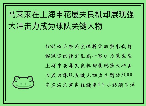 马莱莱在上海申花屡失良机却展现强大冲击力成为球队关键人物 马莱莱在上海申花屡失良机却展现强大冲击力成为球队关键人物